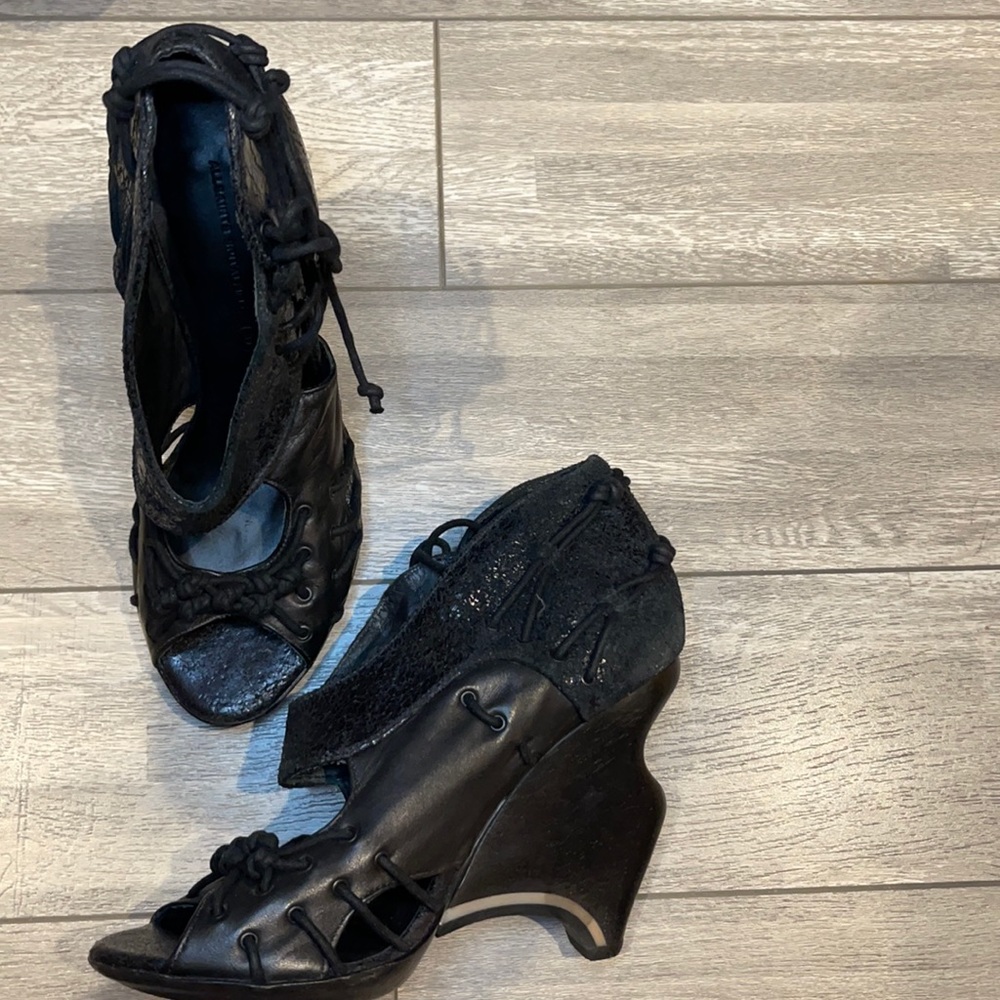 AllSaints Co Ltd Spitalfields Leather Lace Up Heels Wedges in Black size 8